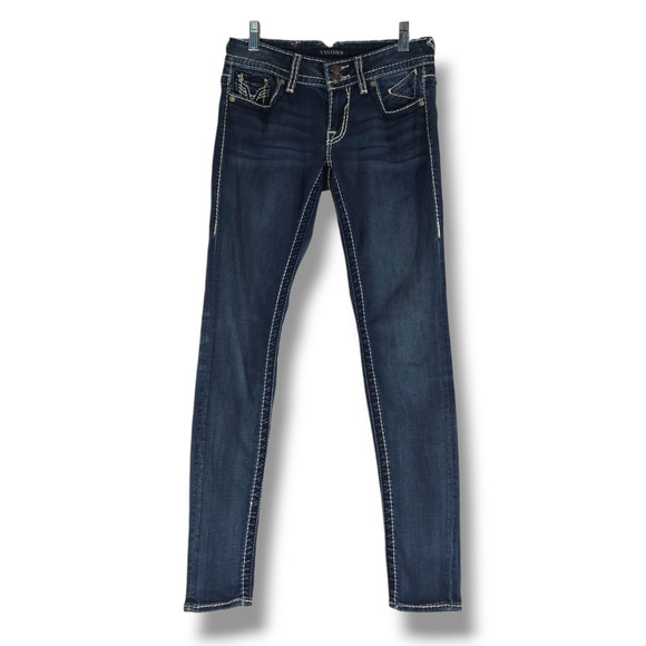 EUC Vigoss Dublin Embellished Low Rise Denim Skinny Jeans Sz. 1/2x31 Dark Wash - Picture 2 of 13